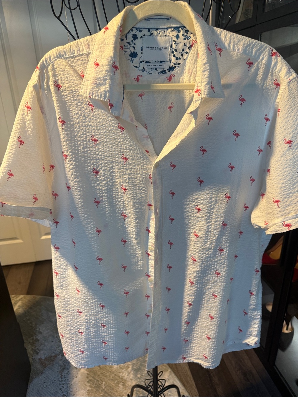 Denim & Flower White Short-Sleeve Button-Down Shirt with Pink Flamingo Motif